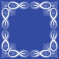 Elegant ornamental white corner frame on blue background