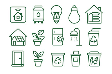 Green Home Icon Set. Line style icons of green home practices: smart thermostat icon, rainwater barrel, LED lightbulb, home