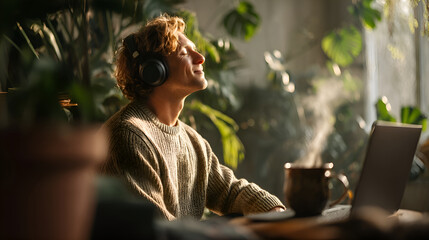 Freelancer enjoying music during a break in his home office