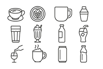 Line Style Drink Icons. Line style icons of drink menu items: cappuccino cup, latte art icon, americano mug, matcha tea bowl, chai