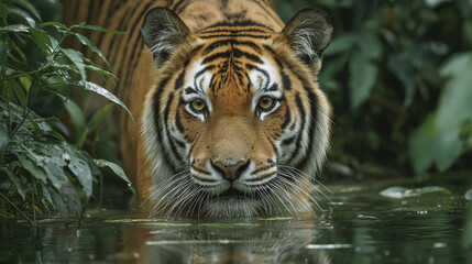 Obraz premium Bengal Tiger stalking water surface , in the forest 