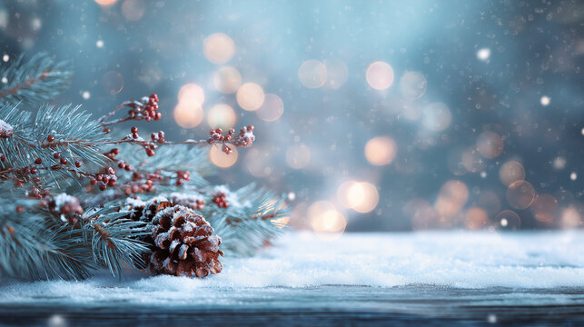 Christmas winter background with snow and blurred lights, featuring soft falling snowflakes, glowing bokeh, and a cozy festive atmosphere.