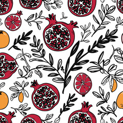 Botanical Fruit Doodle Seamless Pattern, bold thick solid black outlines of pomegranate and citrus with organic doodle strokes, modern minimal vector, high visibility, plain white background, seamless