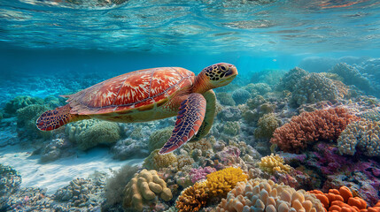 Fototapeta premium Colorful sea turtle swimming gracefully among vibrant coral reefs, surrounded by tropical fish, sunlight beams, and clear turquoise ocean water.