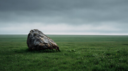 Large rock stands alone in a vast green field under a cloudy sky in late afternoon light