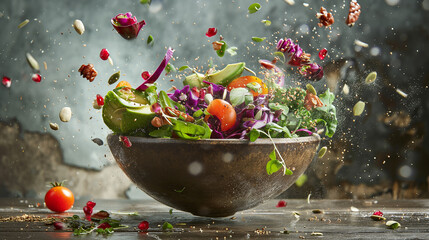 Fresh Salad Ingredients Flying Out of Wooden Bowl