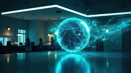 A glowing sphere floating in a room, connected to a network of lines, a concept of futurism and connectivity