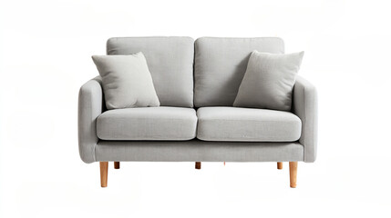 Fototapeta premium Light Gray Loveseat with Wooden Legs | Modern Loveseat with Matching Pillows | Minimalist Gray Sofa on White Background