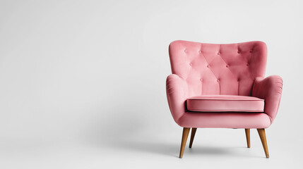 A cozy empty pink velvet-upholstered chair with soft cushioning, placed alone on a clean gray background.