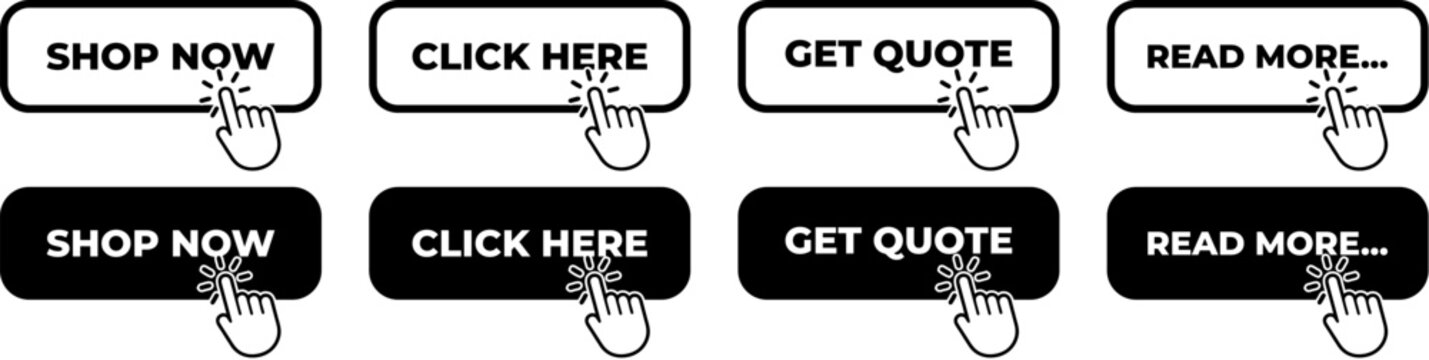 CTA Buttons set in Black and White. Call to action buttons for Shop now, Click here, Get Quote, and read more. 09.eps
