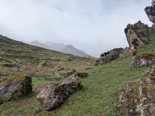 mountain landscape with rain and rocks 