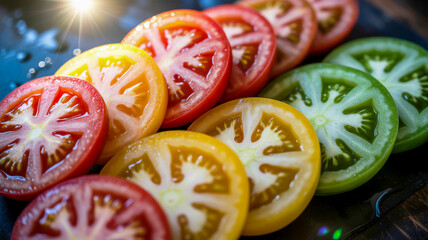 Vibrant slices of heirloom tomatoes arranged in a diagonal row on a dark surface