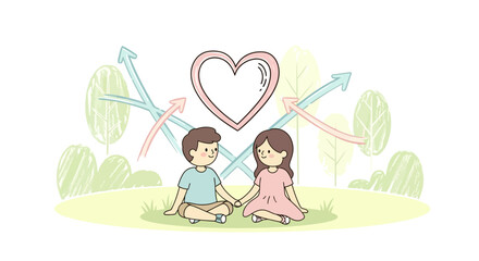 Romantic cartoon illustration of a young couple sitting in nature with a heart shape above them