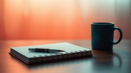 Cozy workspace with notepad, pen, and coffee cup for creative writing and brainstorming sessions
