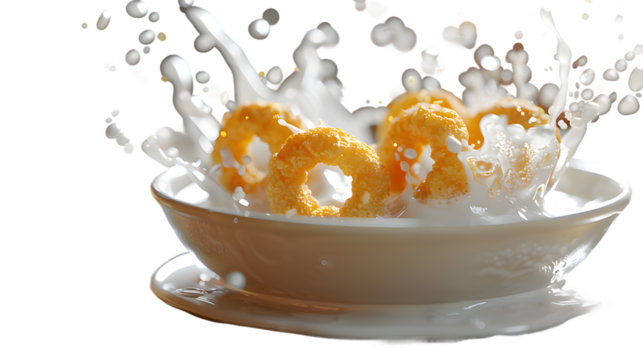 Hyper-Realistic 3D Render of Golden Cereal Rings Bursting