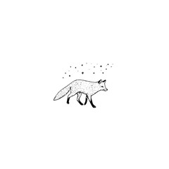 Fox illustration art print with stars black and white woodland animal drawing minimalist wall decor design 100