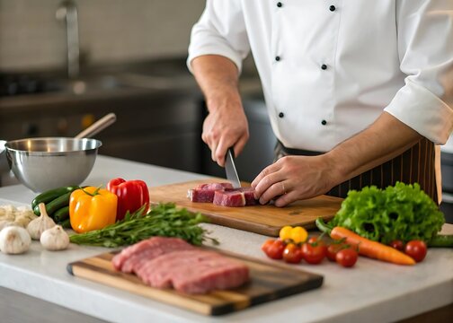 Attentive male chef in a professional kitchen expertly cuts fresh vegetables and meat on a wooden board, preparing a healthy and delicious meal with culinary skill - Powered by Adobe