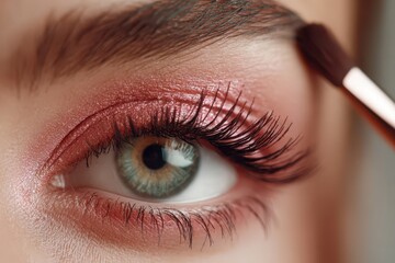 Obraz premium Close-up: Vibrant pink eyeshadow on an eye with long lashes and a brush.