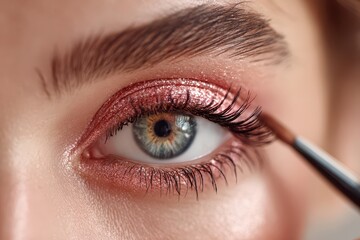 Obraz premium Applying sparkling rose gold glitter eyeshadow to a stunning blue-green eye with a brush.