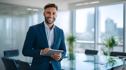 Smiling businessman using digital tablet in modern office boardroom