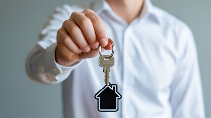 Real estate agent offering house keys symbolizing homeownership and new beginnings