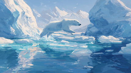 Polar bear jumping through icy waters among floating ice shards creating dynamic arctic scene on isolated transparent white background png.