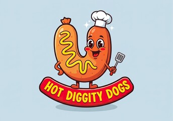 Cute Hot Dog Cartoon Chef with Spatula Mascot