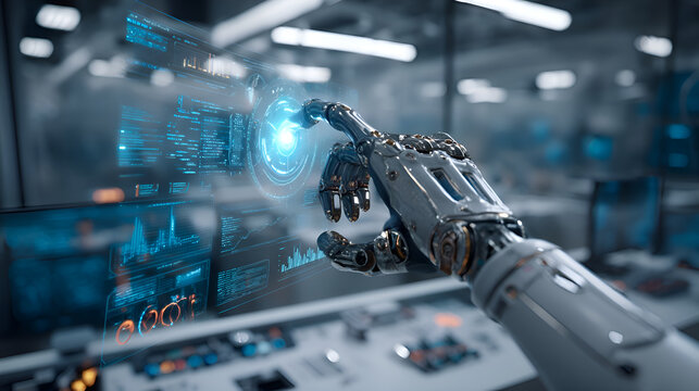 Robotic arm interacting with futuristic digital interface in advanced laboratory