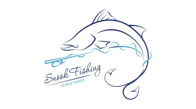 line art illustration of snook fish, fishing rod and hook for fishing logo, fishing gear and tackle shop and angler apparel design.