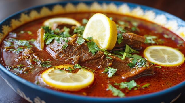 Authentic Pakistani beef nihari bowl rich spicy curry with lemon slices and coriander garnish perfect for South Asian food culture stock photography