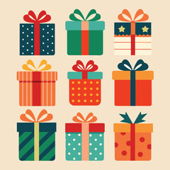 Nine Colorful Holiday Gift Boxes with Bows Illustration
