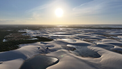 Lencois Maranhenses At Santo Amaro In Maranhao Brazil. Sunset Skyline Landscape. Winding Sand...