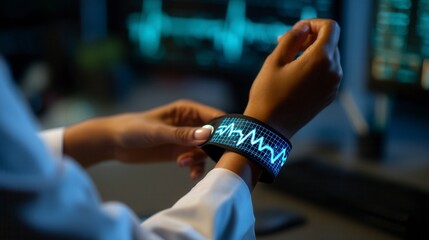 Focused person wearing futuristic health monitoring wristband with glowing heartbeat display in dark medical environment, healthcare technology innovation