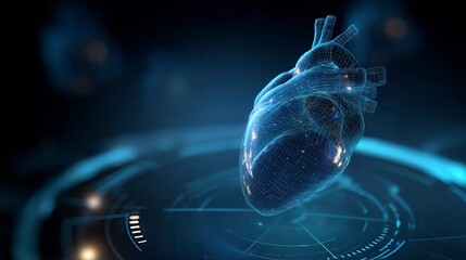 Innovative 3D digital wireframe model of human heart floating above futuristic circular interface in dark blue environment - advanced medical technology visualization with free copy space