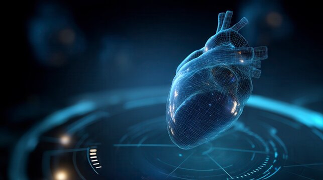 Innovative 3D digital wireframe model of human heart floating above futuristic circular interface in dark blue environment - advanced medical technology visualization with free copy space