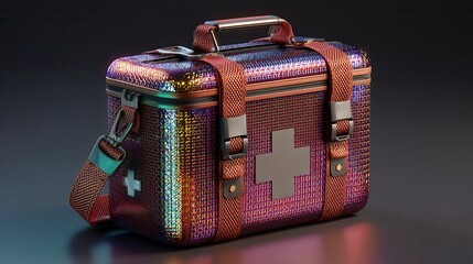 Stylish iridescent first aid kit with metallic holographic finish and red straps featuring medical cross symbol against dark background for emergency healthcare