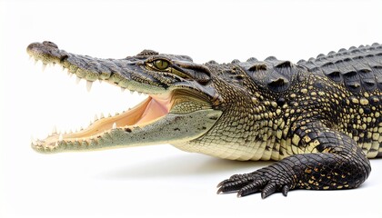 Naklejka premium An American alligator with its mouth wide open, showcasing sharp teeth and textured scales, isolated on a white background for dramatic emphasis.