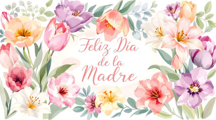 Watercolor "Feliz Dia de la Madre" (Happy Mother's Day) Card with Pastel Spring Flowers