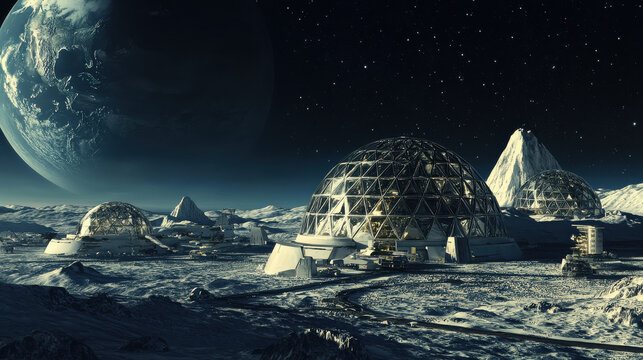 Advanced lunar colony with futuristic geodesic domes, AI-powered space transportation, and a mesmerizing view of Earth from the skyline &mdash;ar 16:9 