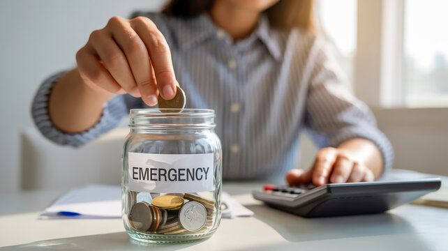 Person saving money by depositing coins into a glass jar labeled emergency while using a calculator