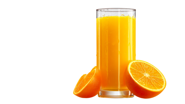 Glass of refreshing orange juice with fresh citrus halves