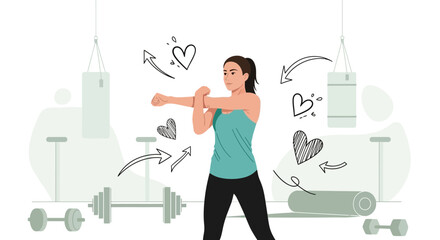 Obraz premium Vector illustration of a woman stretching her arms in a gym setting artwork
