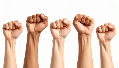 Five clenched fists of diverse skin tones raised in unity against a white background, symbolizing solidarity, empowerment, and collective strength.