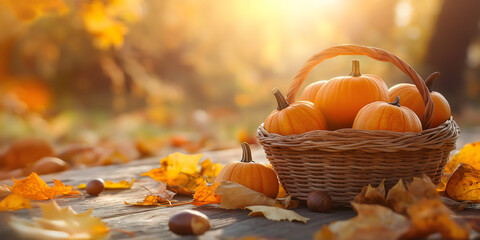 Nahaufnahme von K&uuml;rbissen in einem rustikalen Holzk&ouml;rbchen, umgeben von goldenen Bl&auml;ttern, Eicheln und getrockneten Maisst&auml;ngeln auf einem verwitterten Holztisch im weichen Nachmittagslicht