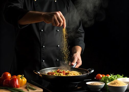 A professional chef in a black uniform is cooking spaghetti with tomato and vegetables in a pan, sprinkling seasoning on the dish in a dark studio kitchen, showcasing culinary skill and motion