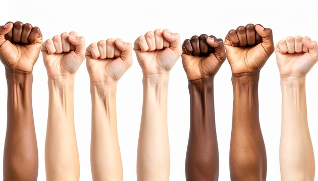 Five clenched fists of diverse skin tones raised in unity against a white background, symbolizing solidarity, empowerment, and collective strength.