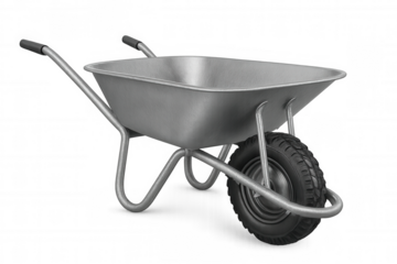 Metal wheelbarrow positioned against clean white backdrop, supporting landscaping, building, farming workflow needs
