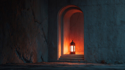 Warm glow of a lantern illuminating a stone archway in a quiet alcove at night