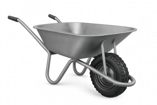 Metal wheelbarrow positioned against clean white backdrop, supporting landscaping, building, farming workflow needs