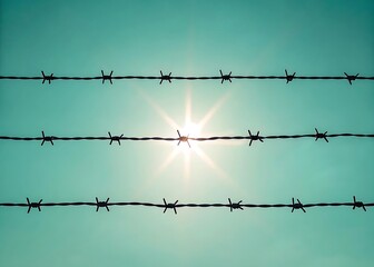 Three strands of barbed wire stretch across the frame, silhouetted against a bright, sunlit sky, creating a stark contrast between confinement and the vastness of the open sky above
